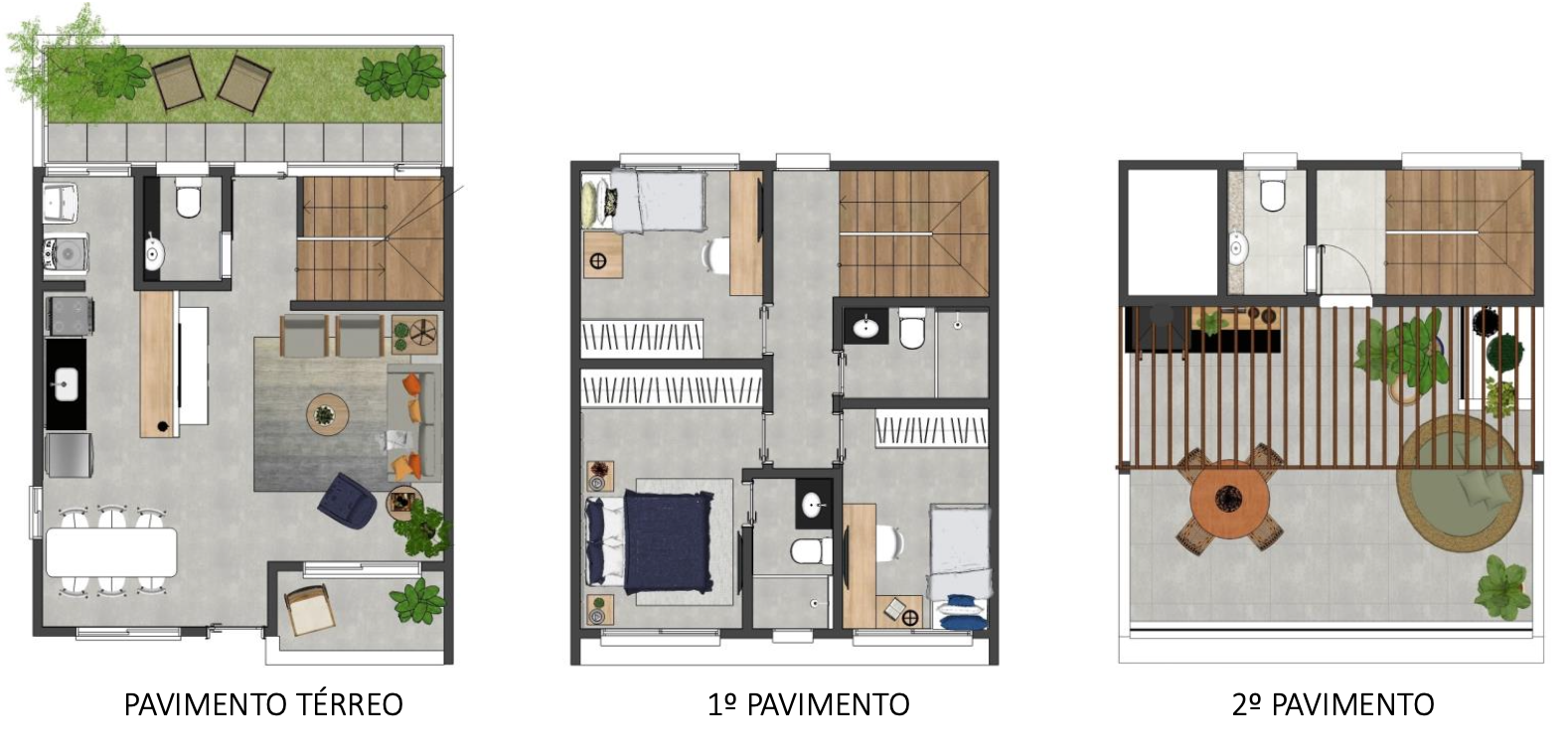 Planta baixa Residencial Primaveras — Pavimento Térreo, 1º Pavimento e 2º Pavimento